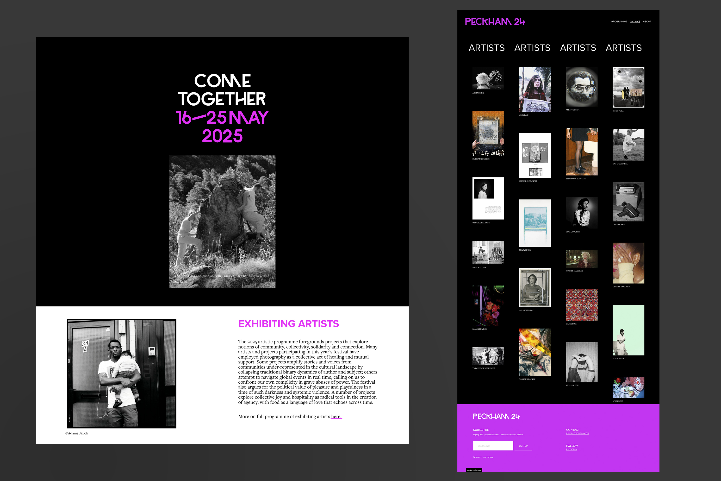 PECKHAM24 desktop website design showing the festival homepage and exhibiting artists